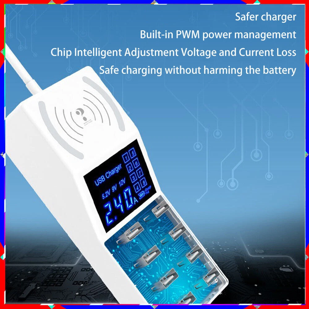 8-Port USB Hub with Wireless Charging Pad & Non-Slip Base 5V8A 8-Port USB Hub with Wireless Charging Pad & Non-Slip Base 5V8A