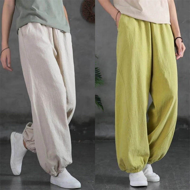 Lady Cotton Linen Pants Sweatpants Workout Jogger Loose Casual Wide Leg Trousers - Image 2 of 4