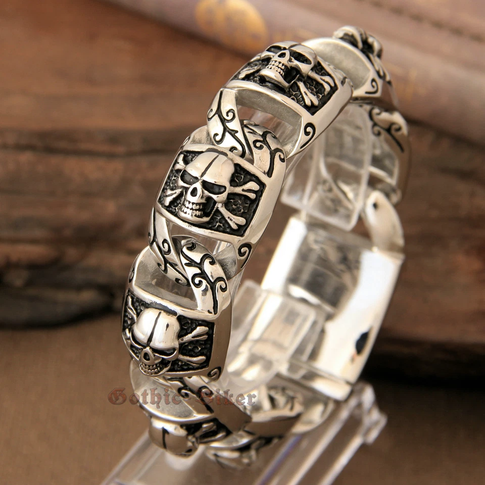 Men Heavy Pirate Skull Biker Motorcycle Chain Silver Stainless Steel Bracelet - Image 3 of 4