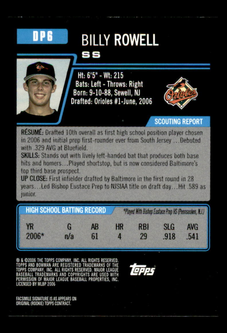 2006 Baseball Bowman 1st Card Billy Rowell Baltimore Orioles #DP6
