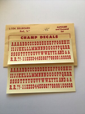 Champ Decals HO Scale L-104: Billboard, RED 1/4  Alphabet/Numerals Set