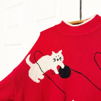 Vintage Cat With Yarn Ball Sweater XL Red Knit Kittens Cute Mock