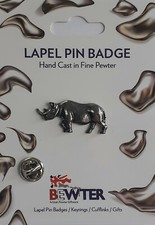 RHINO Safari Zoo Animal, English Pewter Lapel Pin Badge, Coat-Hat Badge BEW151