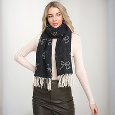 Women's Bow Pattern Winter Warm Wool Scarf with Fringed Ends Black 25.6" X 70.9"