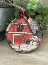 Snowman Red Barn Country Rustic Christmas tree handmade ornament