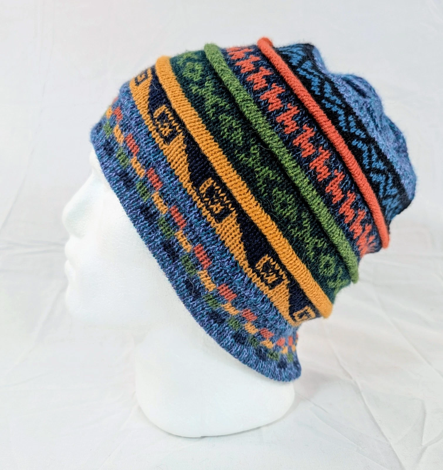 Soft Baby Alpaca Reversible Blue Beanie Unisex Colorful Boho Llama Peru