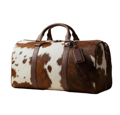 Hair On Cow Hide Duffle Bag, Handmade Leather Weekender Black & White Gym Bag