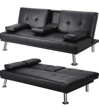 Sofa Bed 2 Seater Black Faux Leather Click Clack Cup Holders Comfy Guest Bed