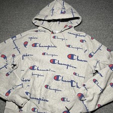 Champion Hoodie Mens Small Reverse Weave Gray All Over Print Script Logo