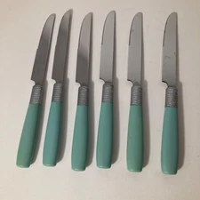 6 - Vintage Cambridge Dinner Knives Green Stainless Flatware Plastic Handle 9"