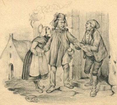 Personnes de scène de genre du XIXe siècle - dessin original ancien au crayon - Photo 1/4