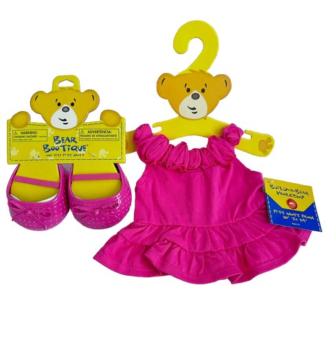 Build A Bear rosa fuchsia Sommerkleid und rosa Lack flache Schuhe mit Schleifen BRANDNEU