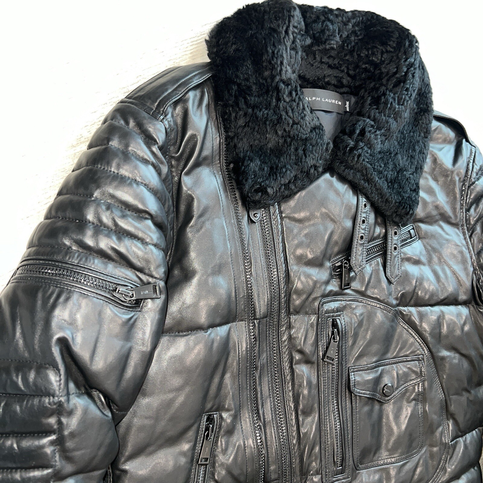 Ralph Lauren Black Label Moto Lambskin Leather Shearling Down Bomber Jacket L image 8