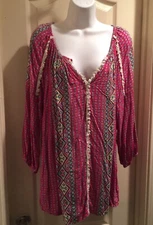 ❤️Passport Bright Pink Floral Bohemian Peasant Blouse Top Long Sleeves L Rayon