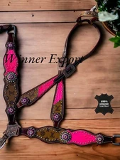 Western Horse Leather Tack Set | Pink Gator With Tann Print Tack Set