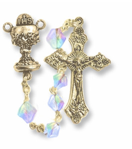 Authentic CRYSTAL GLASS BEADS GOLD PLATED ROSARY CRUCIFIX CROSS AND CHALICE CENTER