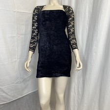 Black Short Dress With Long Black Lace Sleeves Size Small Floral Suede Lined
