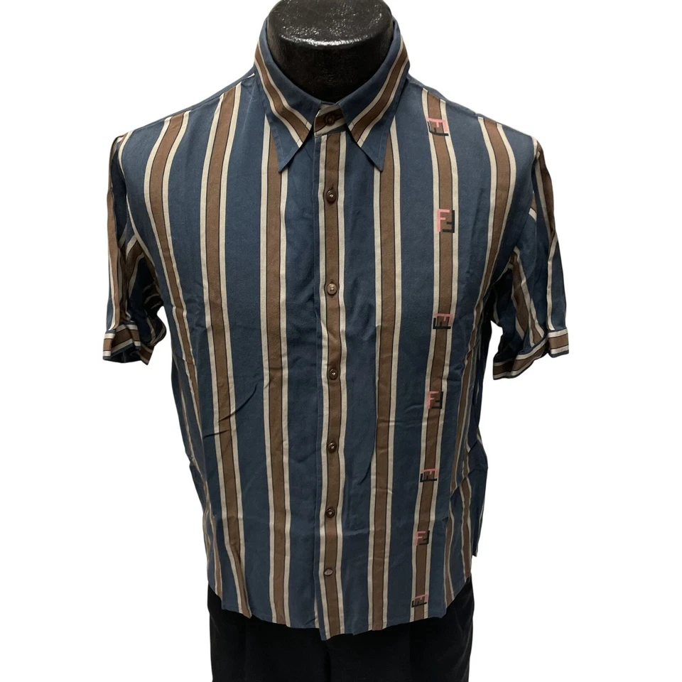 Fendi Steel Blue BOLD Stripe PANEL Logo Rayon Designer Luxury Rockabilly Shirt - Image 3 of 4