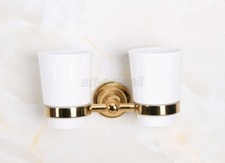 Gold Color Brass Wall Mount Bathroom Toothbrush Holder w/ Two Ceramic Cups