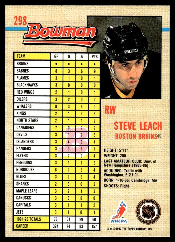 1992 Bowman #298 Steve Leach - Boston Bruins - Image 2 of 2