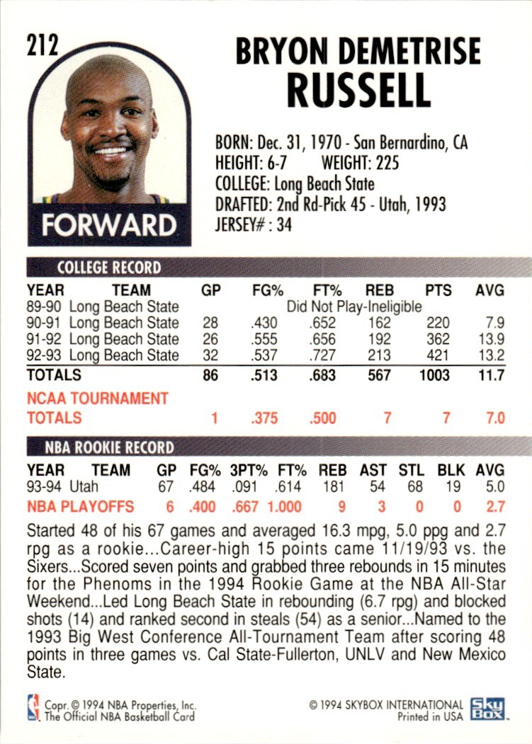 199495 NBA Hoops Basketball Card Bryon Russell Utah Jazz 212 eBay