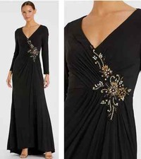 MAC DUGGAL Size 6 Black 67848 FAUX WRAP LONG SLEEVE GOWN Beaded APPLIQUÉ Dress