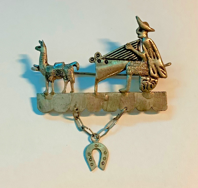 Vintage RARE Sterling Silver Llama Harpist GOOD LUCK Brooch Pin 1940-50s