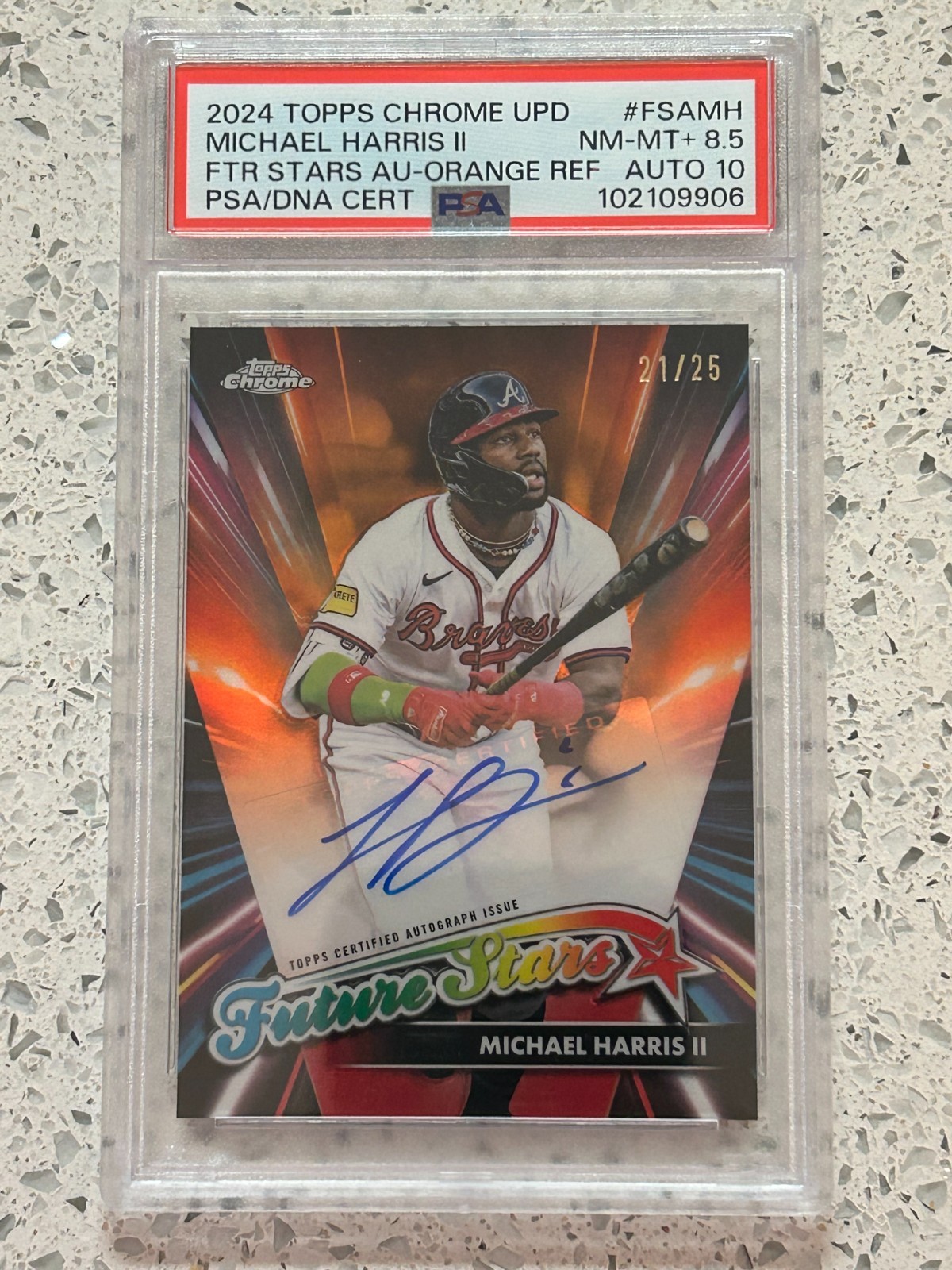 Michael Harris II 2024 Topps Chrome UPD Future Stars Auto-Orange /25 PSA 8.5/10
