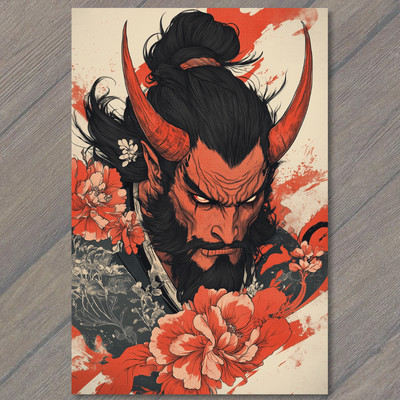 POSTCARD Devil Samurai Face Red Horn Warrior Expression Floral Surround