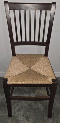 Antique Wood Farmhouse Chair With Woven Straw Rush Seat Spindle Back 37''tall