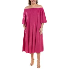 Marina Rinaldi Donare Off-the-Shoulder Midi Dress in Pink Sz 29