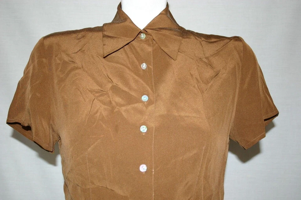 Blusa informal de esquina para mujer marrón talla 4 trabajo oficina vestido abulón botones Foto 2 de 4