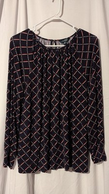 Lauren Ralph Lauren Women's 2XL Navy Blue Monogram Chain Link Blouse Long Sleeve