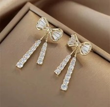 Gold Stunning Long Diamante Bow Earrings Party Christmas New Year Celebrations 