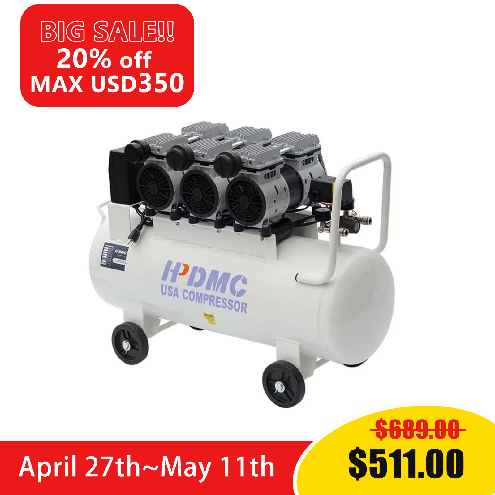Ultra Quiet Air Compressor, 3 HP Oil Free Peak for Home, Gar