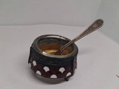 Vintage Soviet Melchior & Glass Salt Cellar with Spoon   Enamel Decor, Collectib