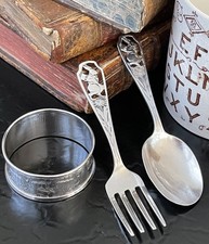  Webster Sterling Silver Rabbit Bunny Baby Spoon Fork Napkin Ring Trio
