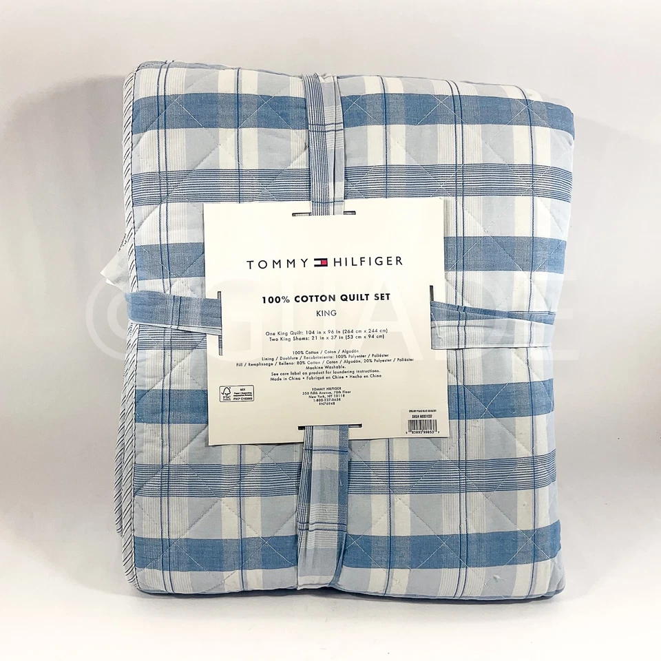 Tommy Hilfiger KING 3 piezas Juego de edredón 104" x 96" 100% algodón azul y blanco Nuevo Foto 2 de 4