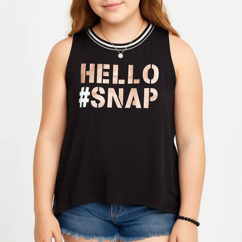 Art Class Black Graphic Muscle Tank Top Hello Snap Metallic Girls XL Youth - Picture 2 of 10