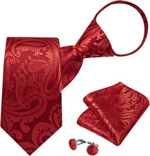 Silk Zipper Ties for Men,Paisley Solid Plaid Pre-tied Tie and Pocket Square Cuff