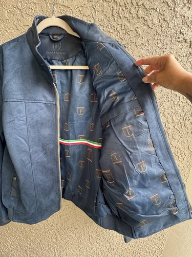 Giacca uomo F Collections pelle scamosciata blu foderata logo zip davanti taglia XL - Foto 8 di 12