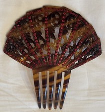 Vintage Celluloid Ladies Large Hair Comb Fan Curved Red Rhinestones 4.5" W