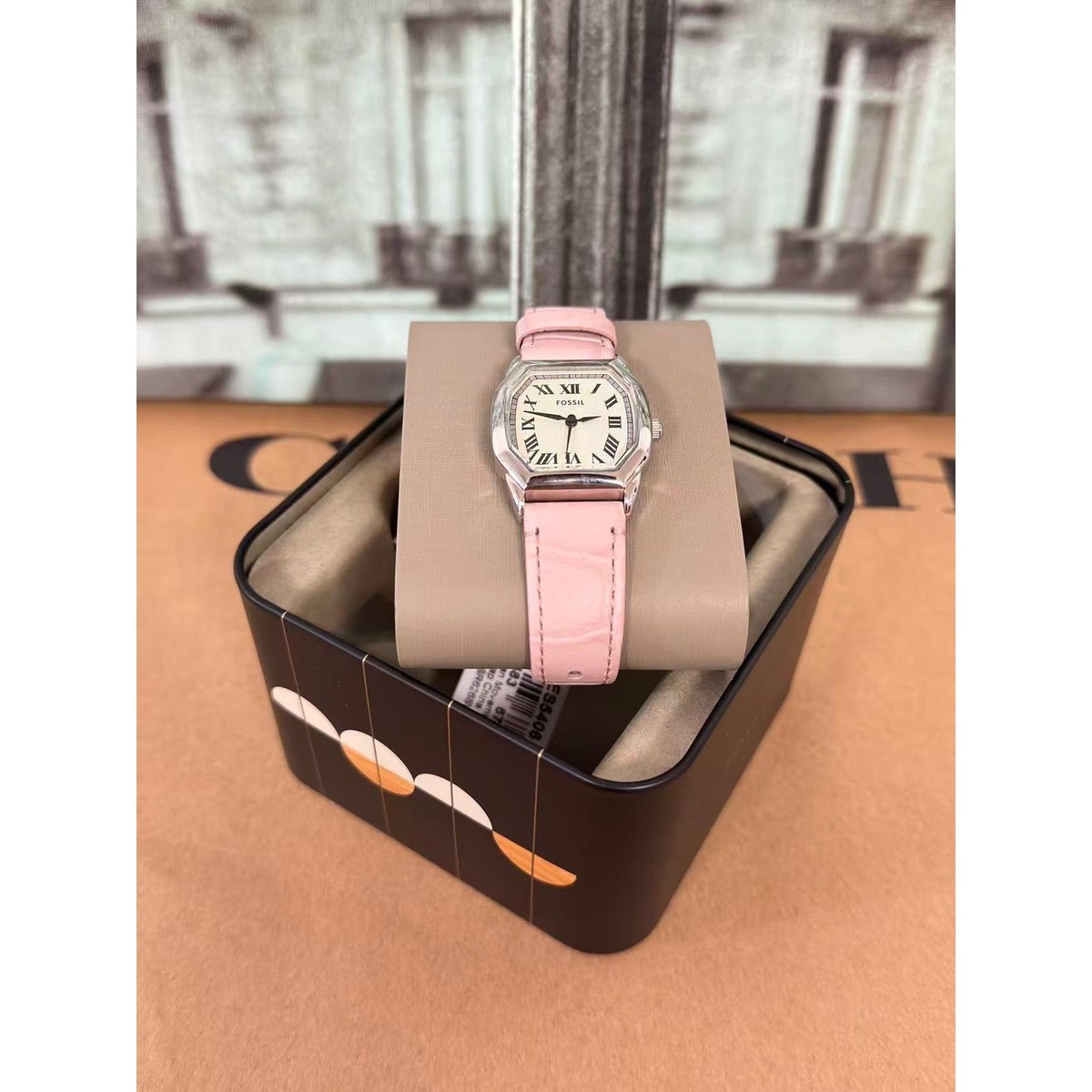 Fossil Pink Croc-Embossed Leather Square Watch with Crystal Bezel Ladies Watch of the Day ⌚✨ Sleek. Sophisticated  main image 4