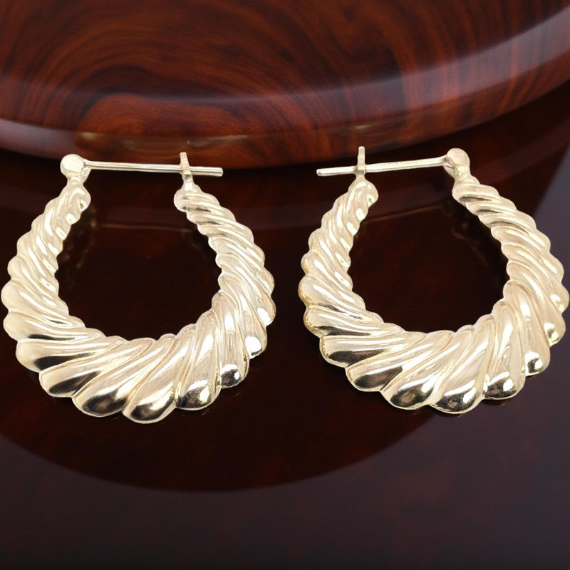 ESTATE SOLID 14K YELLOW GOLD RIBBED PUFFY SHRIMP 1" HOOP EARRINGS #7810