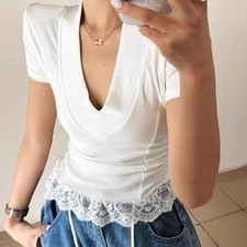 Women Lace Shoulder Pad Casual Summer Top V Neck Slim Fit Short Sleeve T Shirt