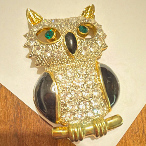 Owl Animals & Insects Gold Tone Brooch Pin Clear Black Green Round Rhinestones