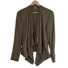 Free People Linen Blend Jacket Womens XS Taupe Raw Hem Draped Open Front Boho