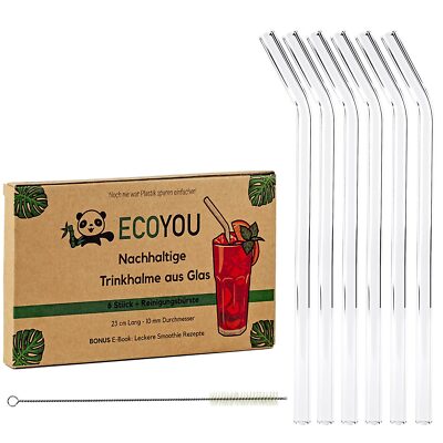 Trinkhalme aus Glas 6 Stk. gebogen + Reinigungsbürste & E-Book - Trinkröhrchen