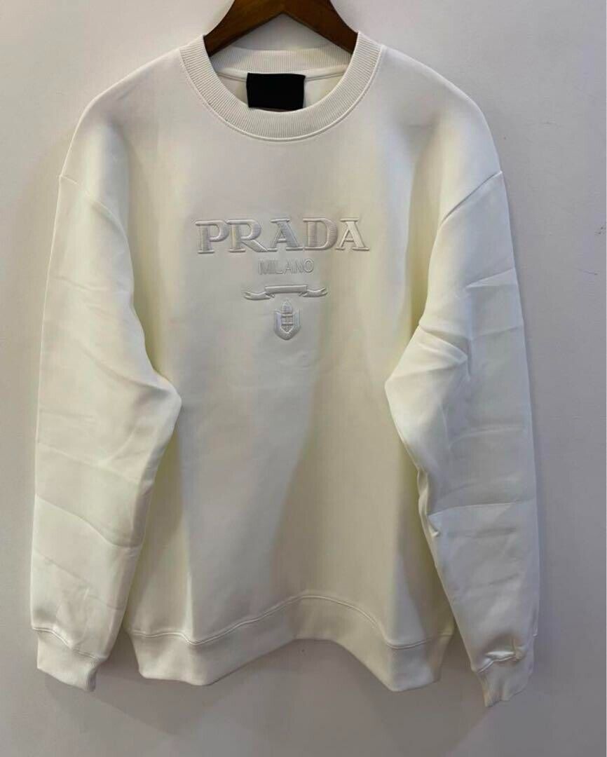 PRADA LOGO SWEATSHIRT WOMENS WHITE CREW NECK SWEATER XLsize PRADA LOGO SWEATSHIRT WOMENS WHITE CREW NECK SWEATER XLsize