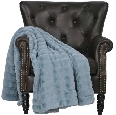 Ashley Blue Plush Sherpa Ribbed Throw Blanket - Cypress Linen - Large (60X 80)